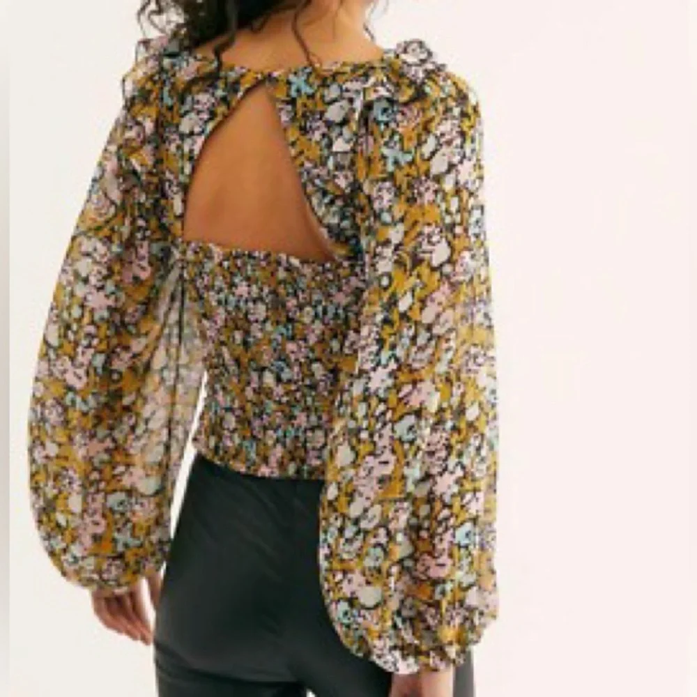 Free People Mabel Printed Ruffle Tie-Front Open-Back Floral Blouse Size Large